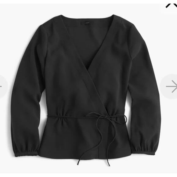J. Crew Black Long Sleeve Polyester Drapey Crepe Faux Wrap Tie Waist Top Size 4 - Picture 1 of 9